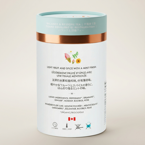 Tea canister with label on a beige background
