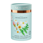 M21 Luxury Tea packaging with floral design on a light blue background