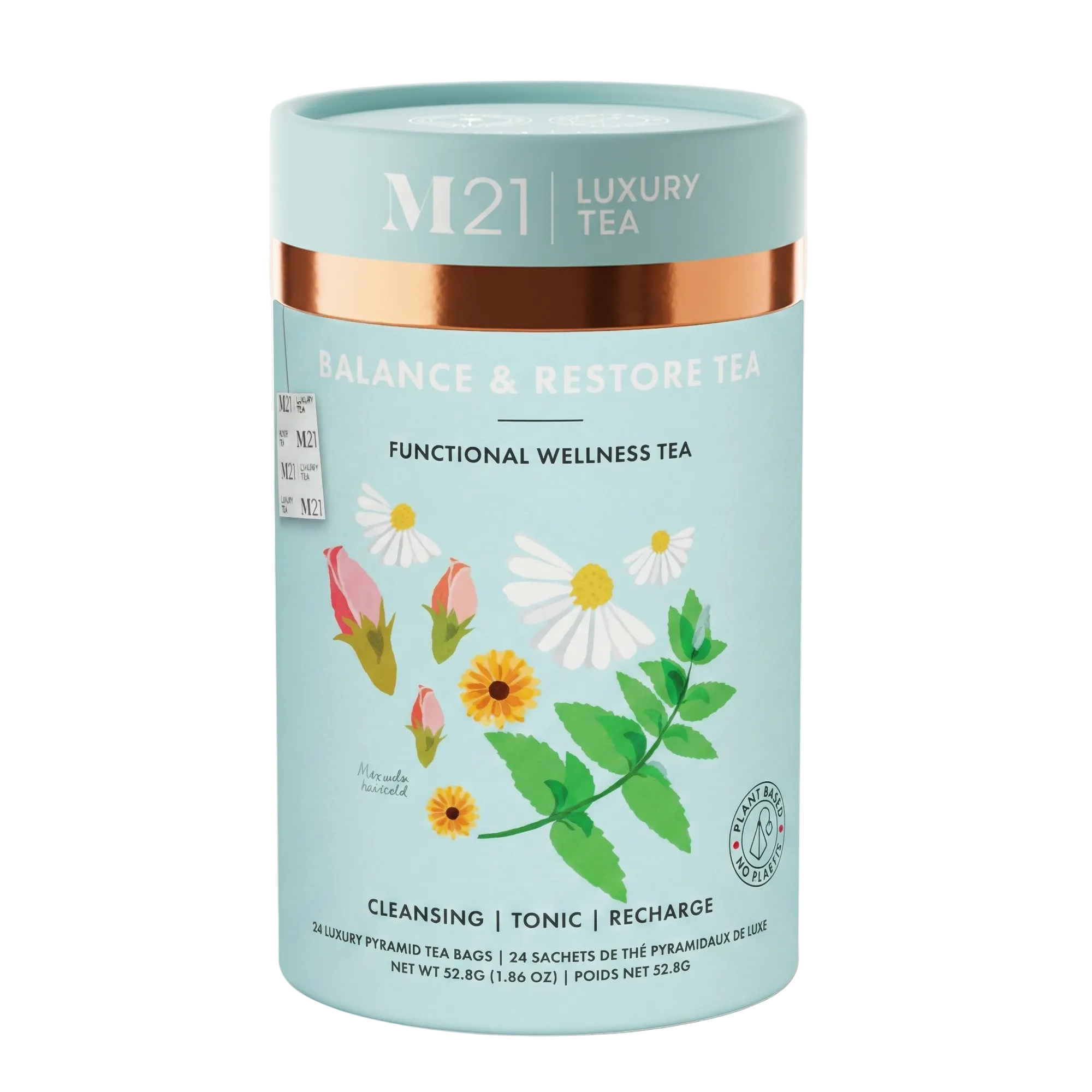M21 Luxury Tea packaging with floral design on a light blue background
