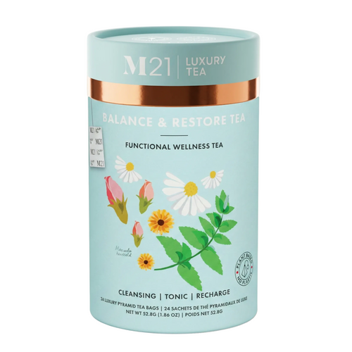 M21 Luxury Tea packaging with floral design on a light blue background