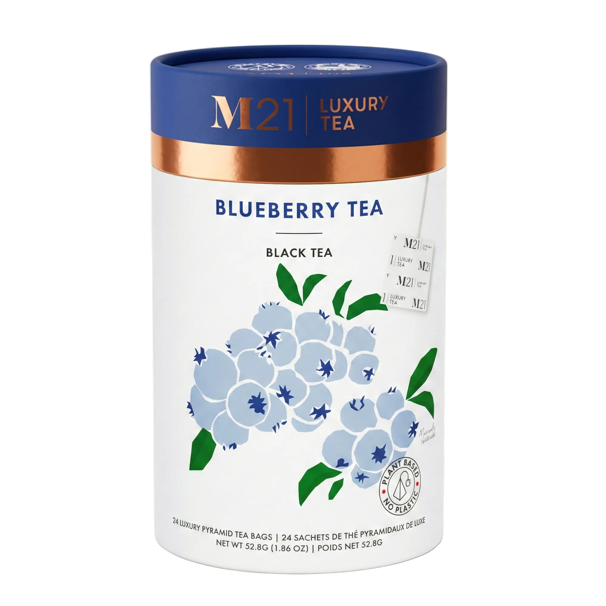 M21 Luxury Tea Blueberry Tea packaging on a beige background