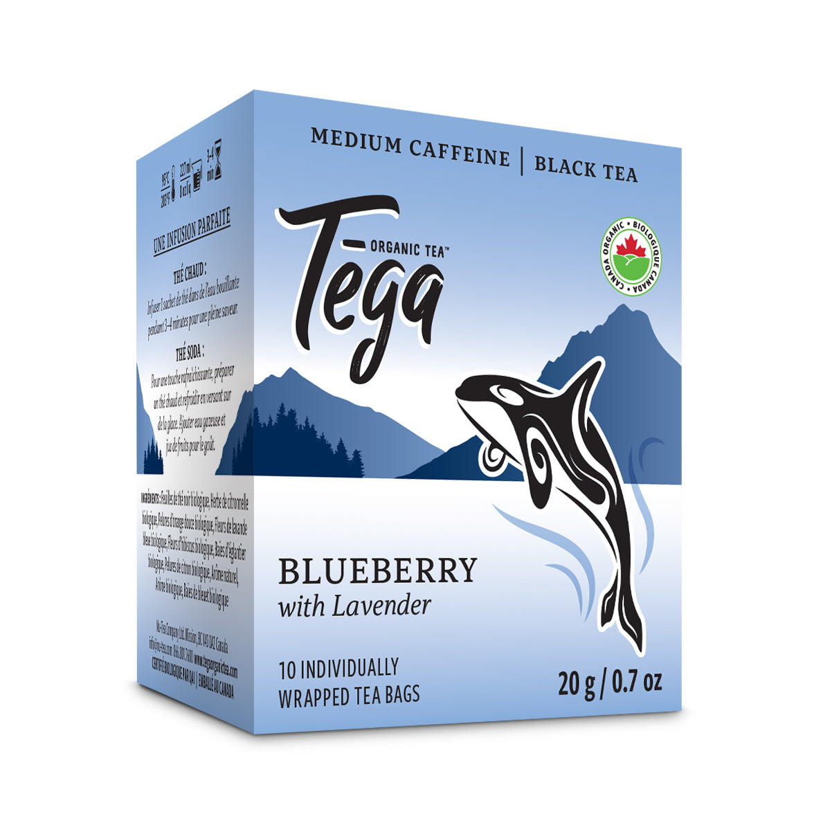 Tega Organic Tea box with a whale design on a white background