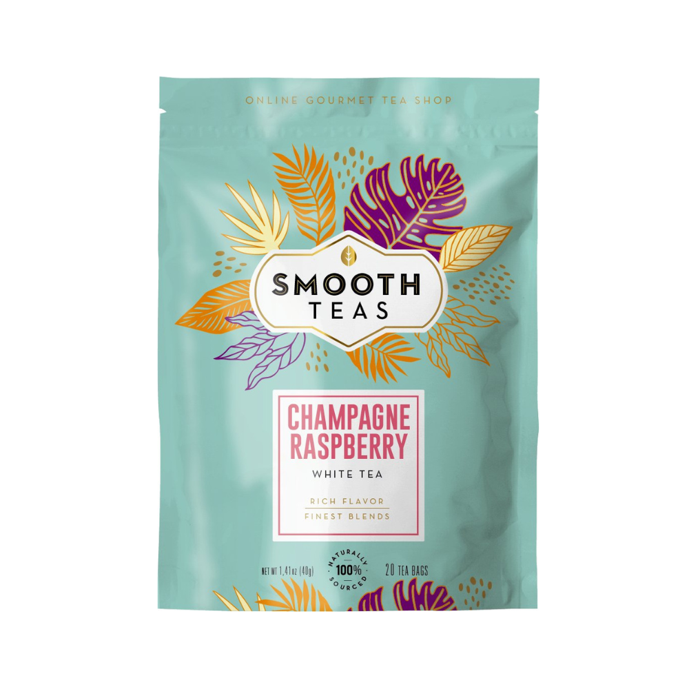 Packaging of Smooth Teas Champagne Raspberry White Tea on a white background