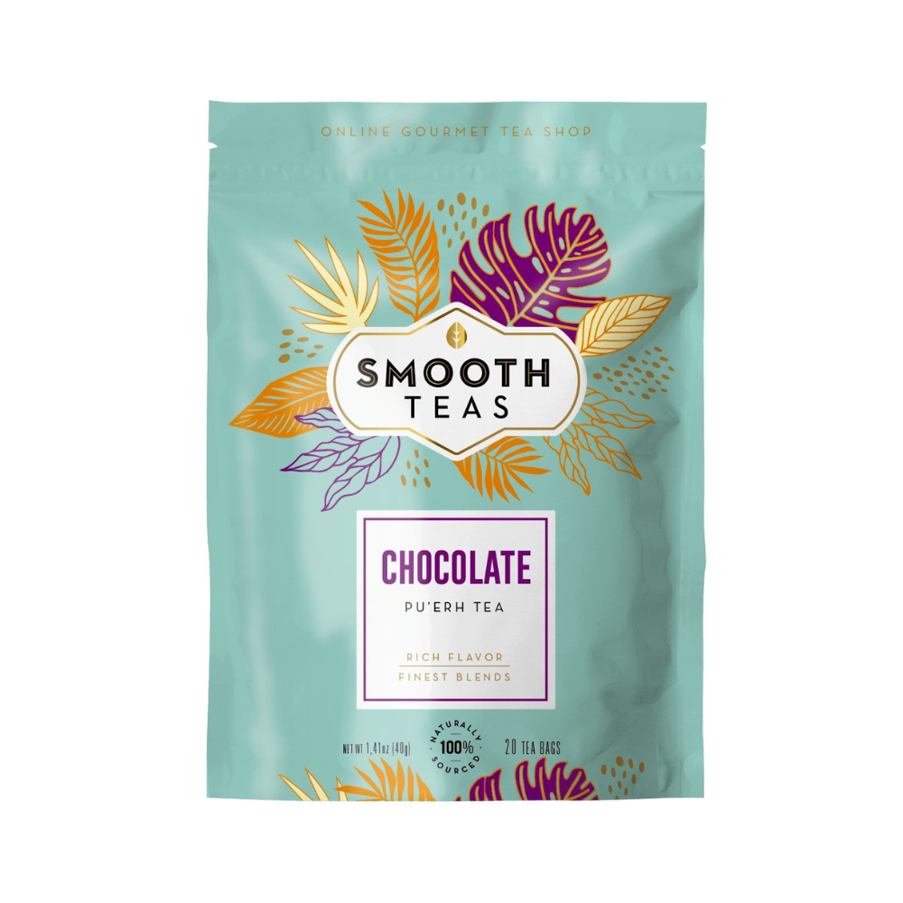 Packaging of Smooth Teas Chocolate Puérh Tea with leaf designs on a light blue background