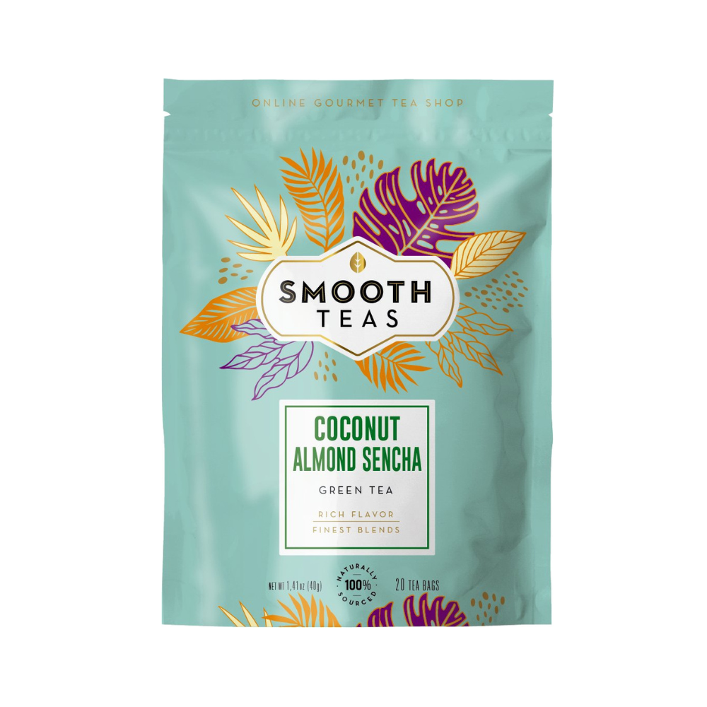 Tea package with colorful leaf designs and 'Smooth Teas' branding on a light blue background
