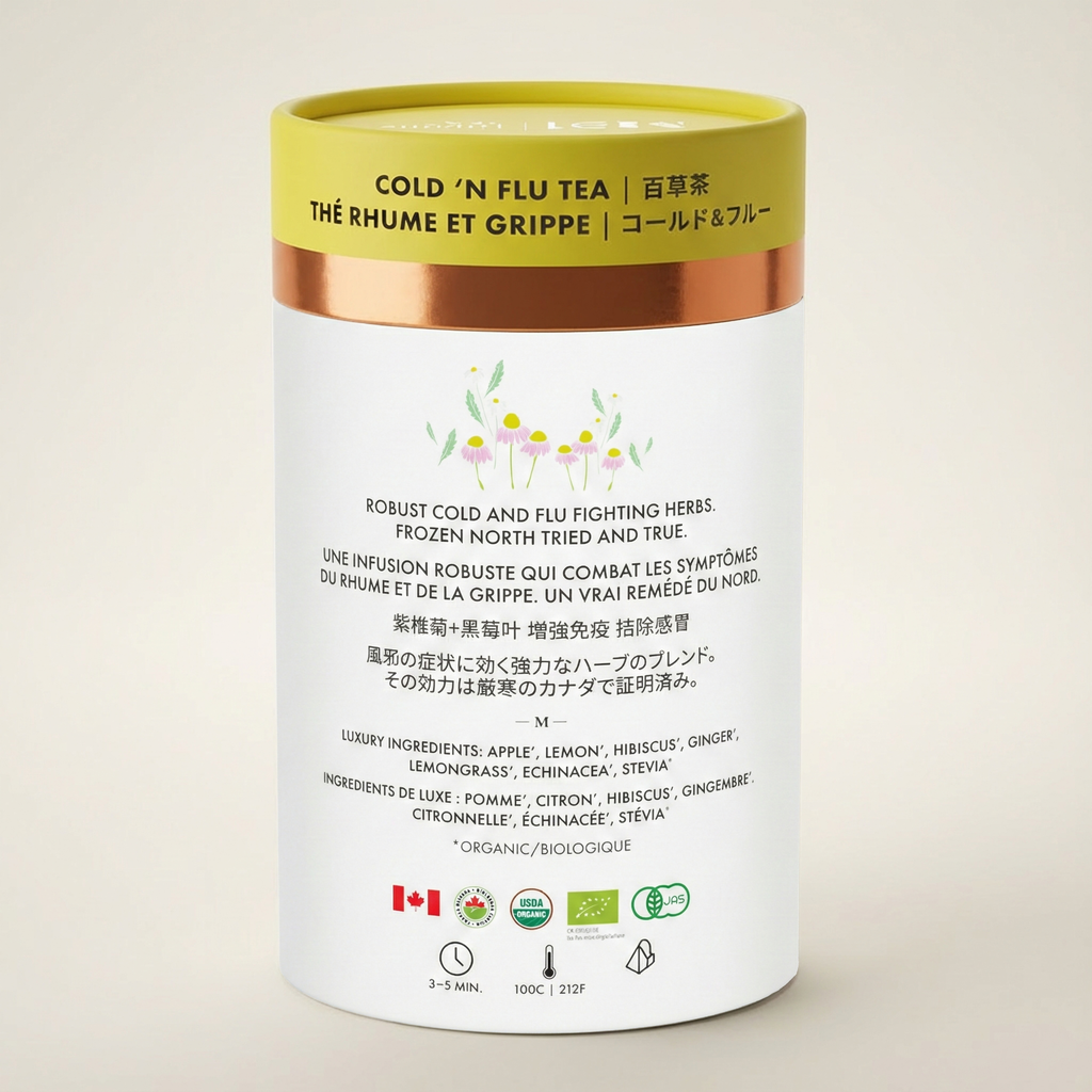 Cold and flu tea packaging with a white label and yellow lid on a beige background