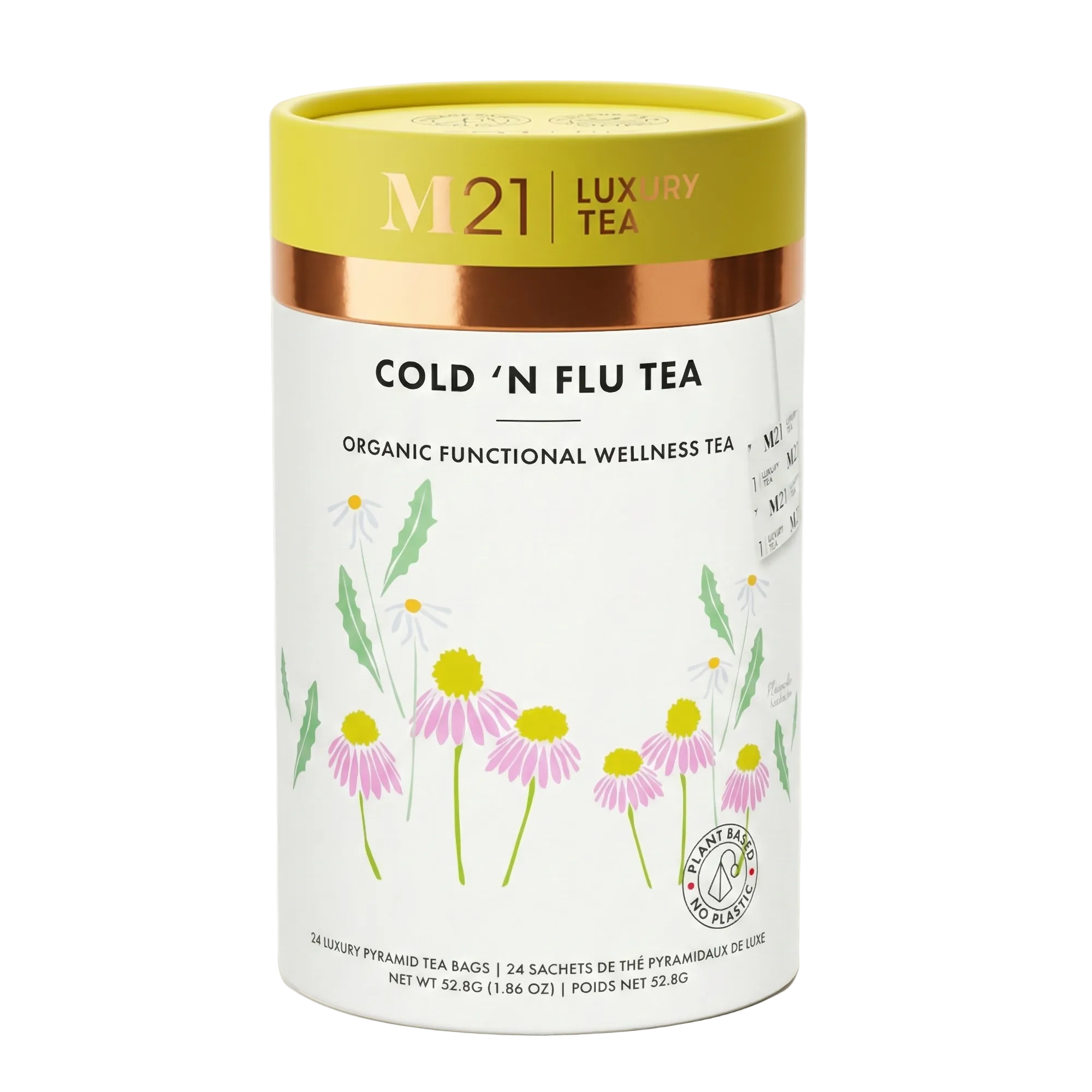 M21 Cold 'N Flu Tea packaging with floral design on a light background