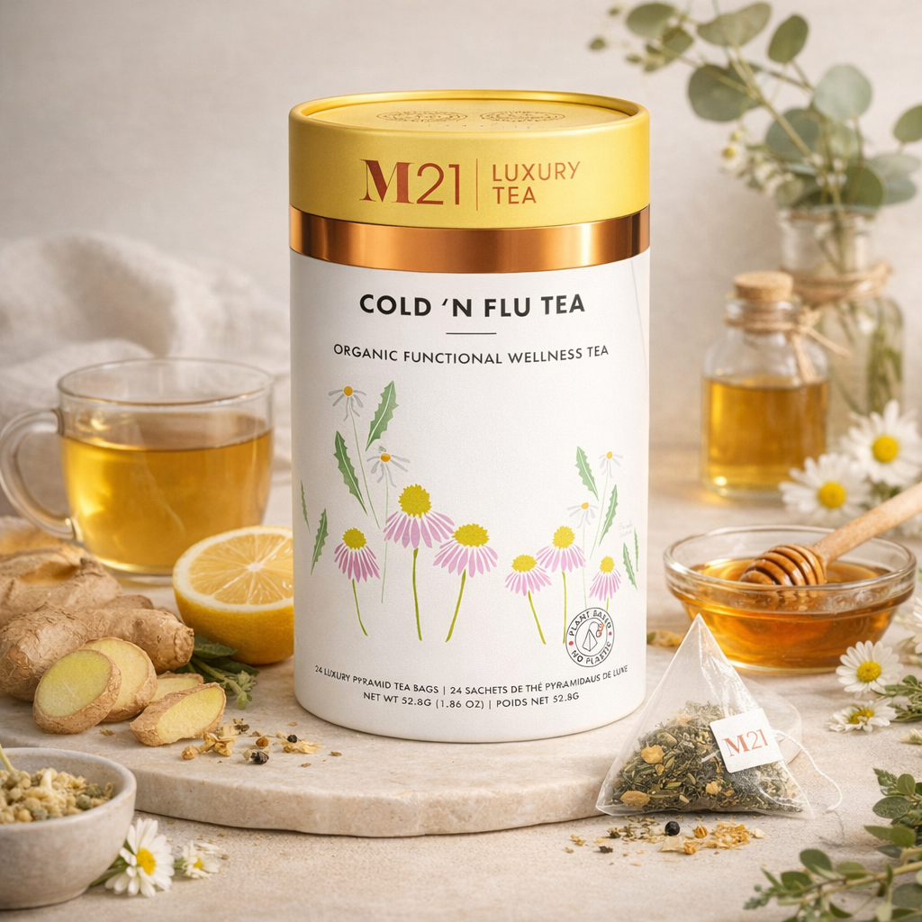 M21 Cold 'N Flu Tea packaging with tea, lemon, and honey on a wooden board.
