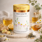 M21 Cold 'N Flu Tea packaging with tea, lemon, and honey on a wooden board.