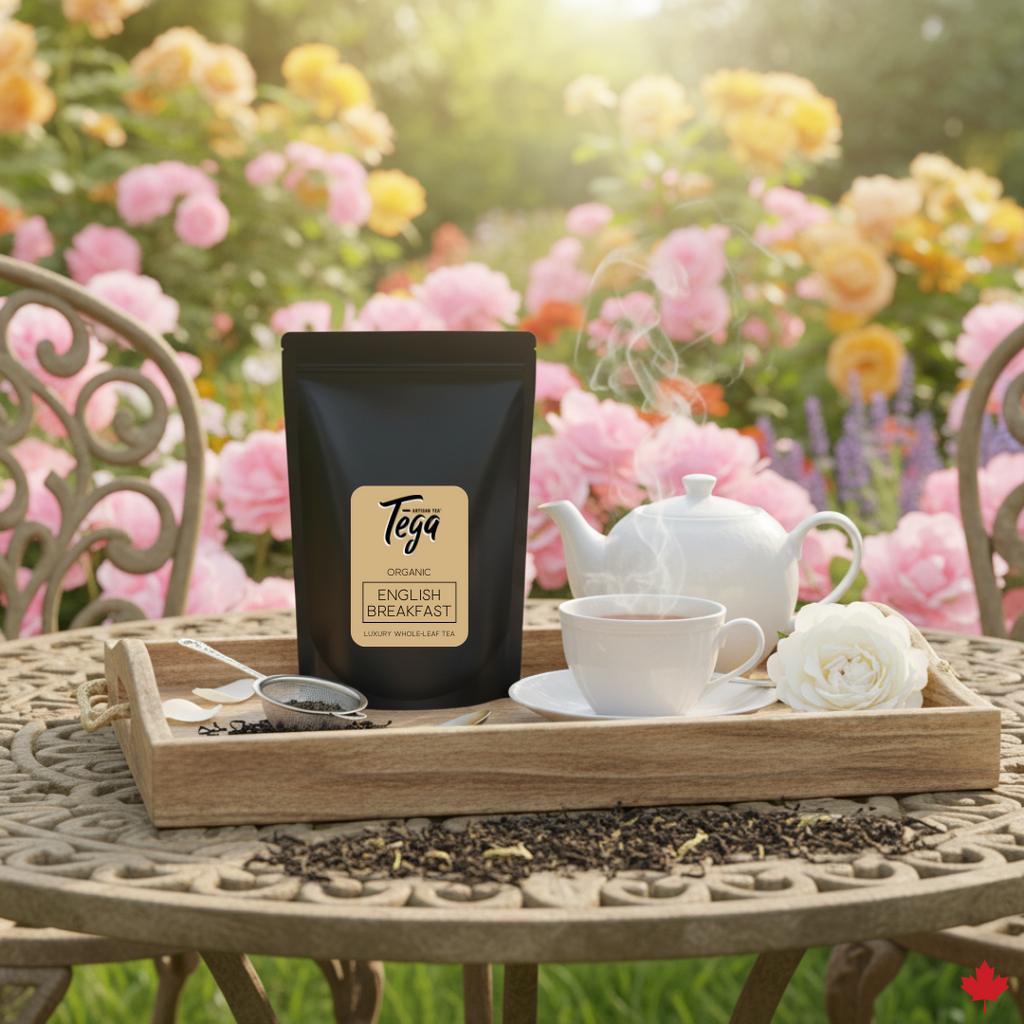 Tea set with Tega tea package on a table in a garden setting