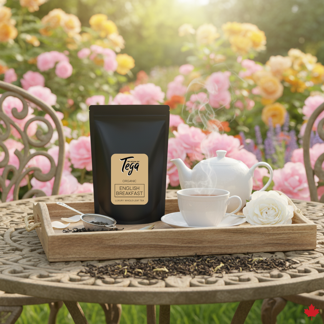 Tea set with Tega tea package on a table in a garden setting