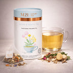 M21 Luxury Tea packaging with a cup of tea and tea leaves on a neutral background