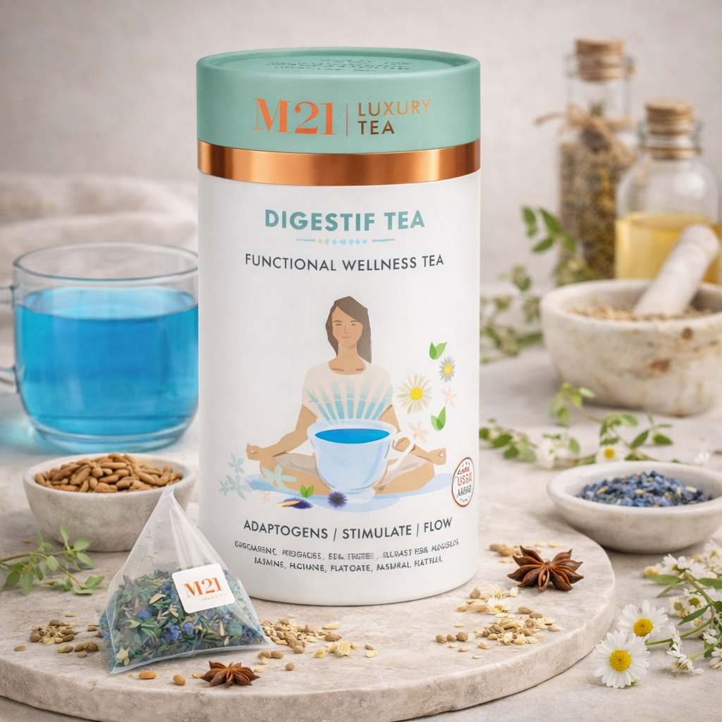 M21 Luxury Tea Digestif Tea packaging with tea leaves and herbs on a light background
