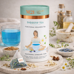M21 Luxury Tea Digestif Tea packaging with tea leaves and herbs on a light background