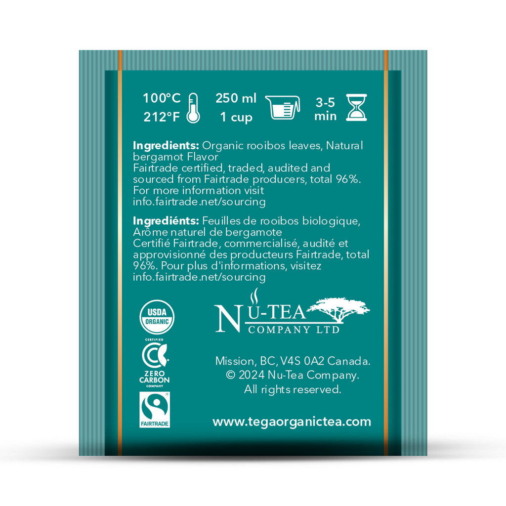 Tea package with Nu-Tea Company branding and certification logos on a white background