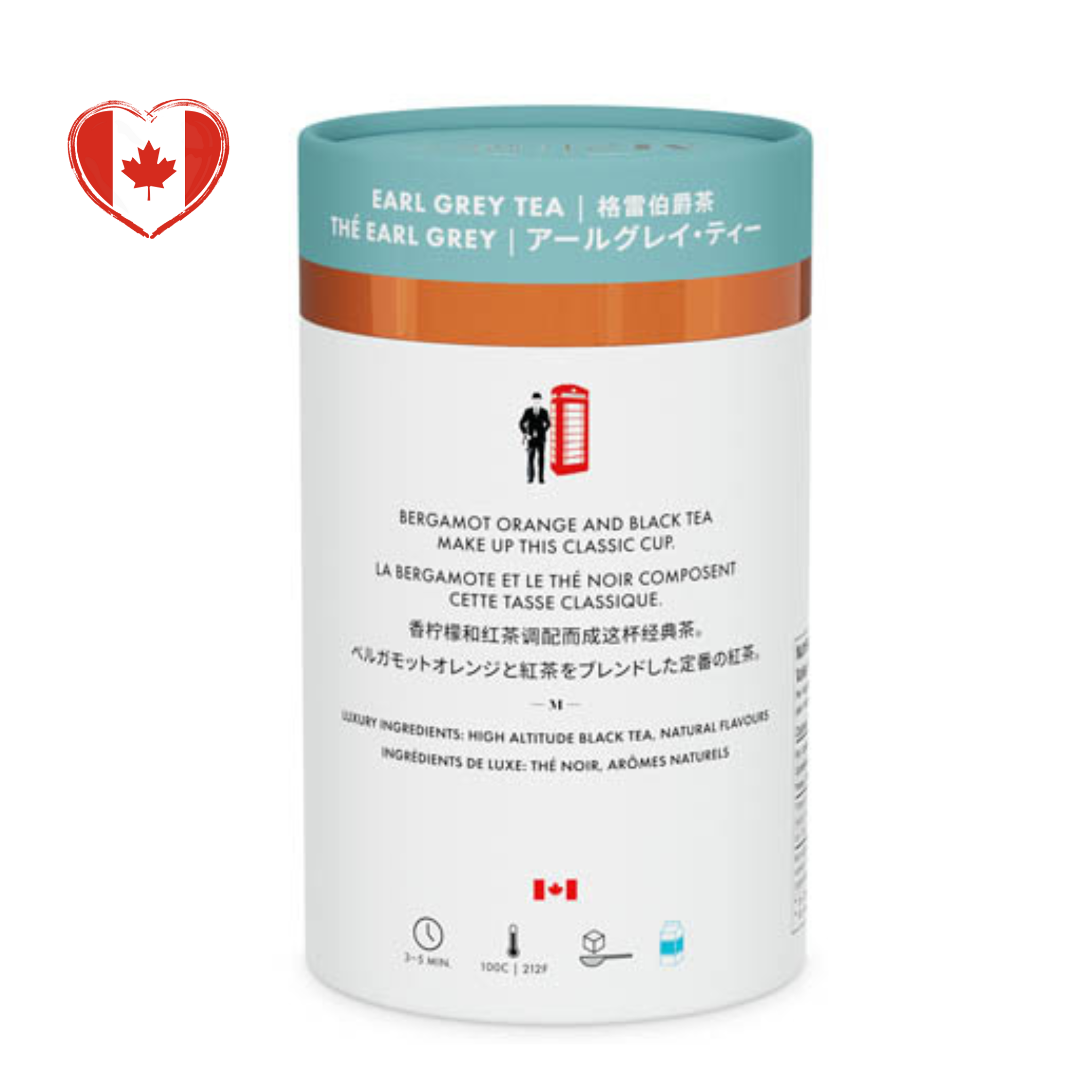 Tea canister with branding and product details on a white background