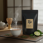 Black tea package labeled 'Tega' with a steaming cup of tea on a wooden table.