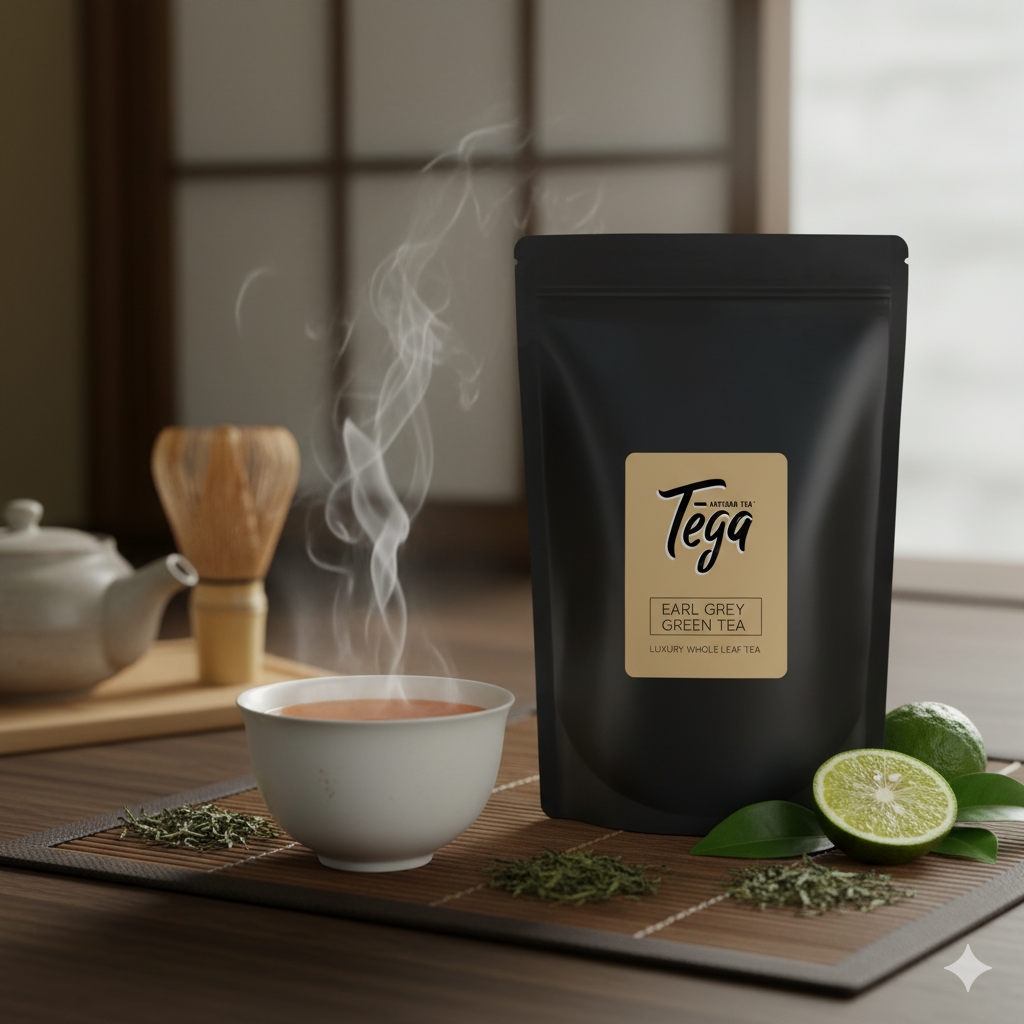 Black tea package labeled 'Tega' with a steaming cup of tea on a wooden table.