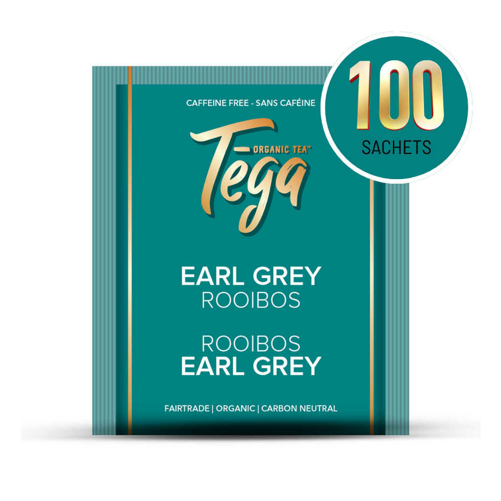 Tea package for Tega Organic Tea Earl Grey Rooibos with 100 sachets on a white background