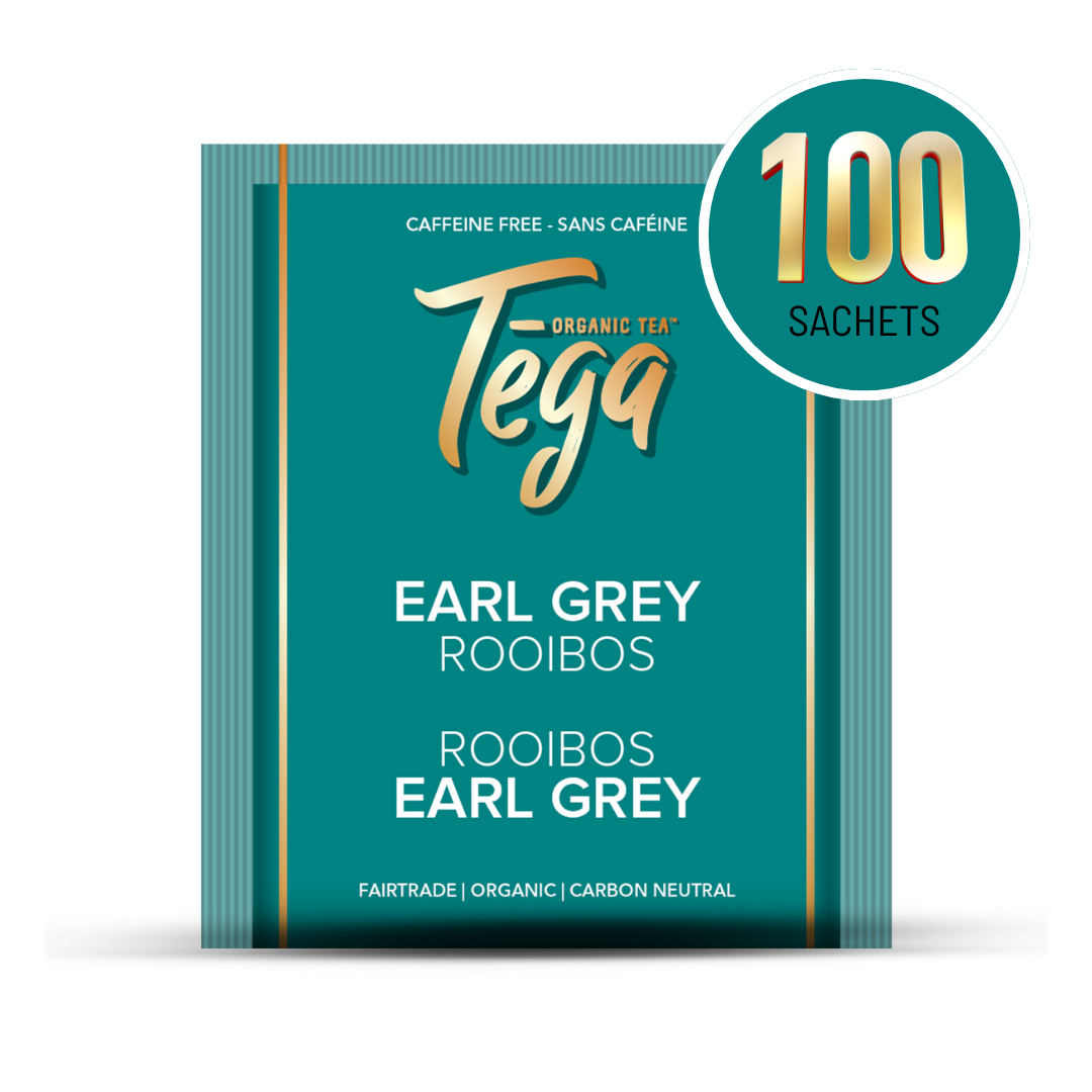 Tea package for Tega Organic Tea Earl Grey Rooibos with 100 sachets on a white background