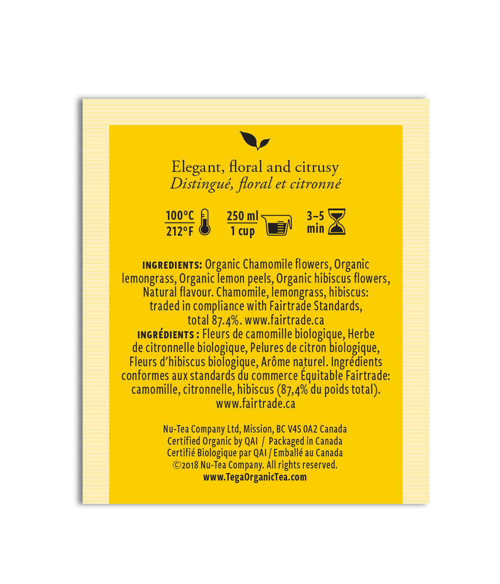 Yellow label with tea brewing instructions and ingredient list on a white background