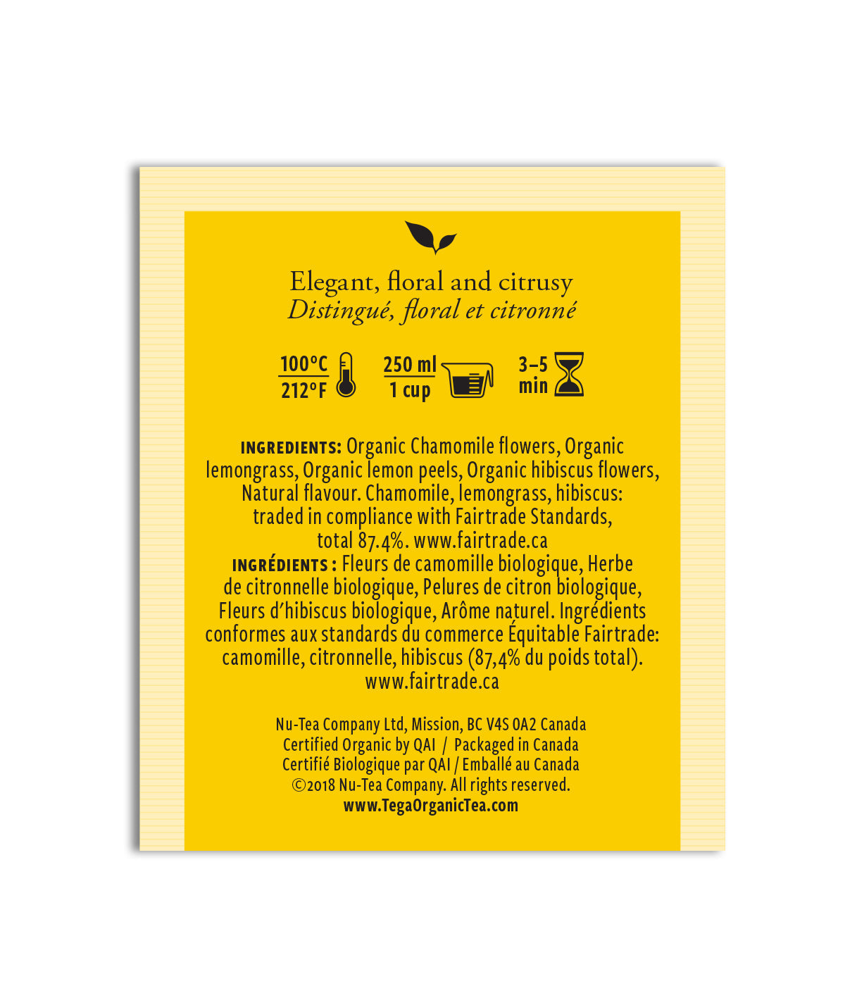 Yellow label with tea brewing instructions and ingredient list on a white background