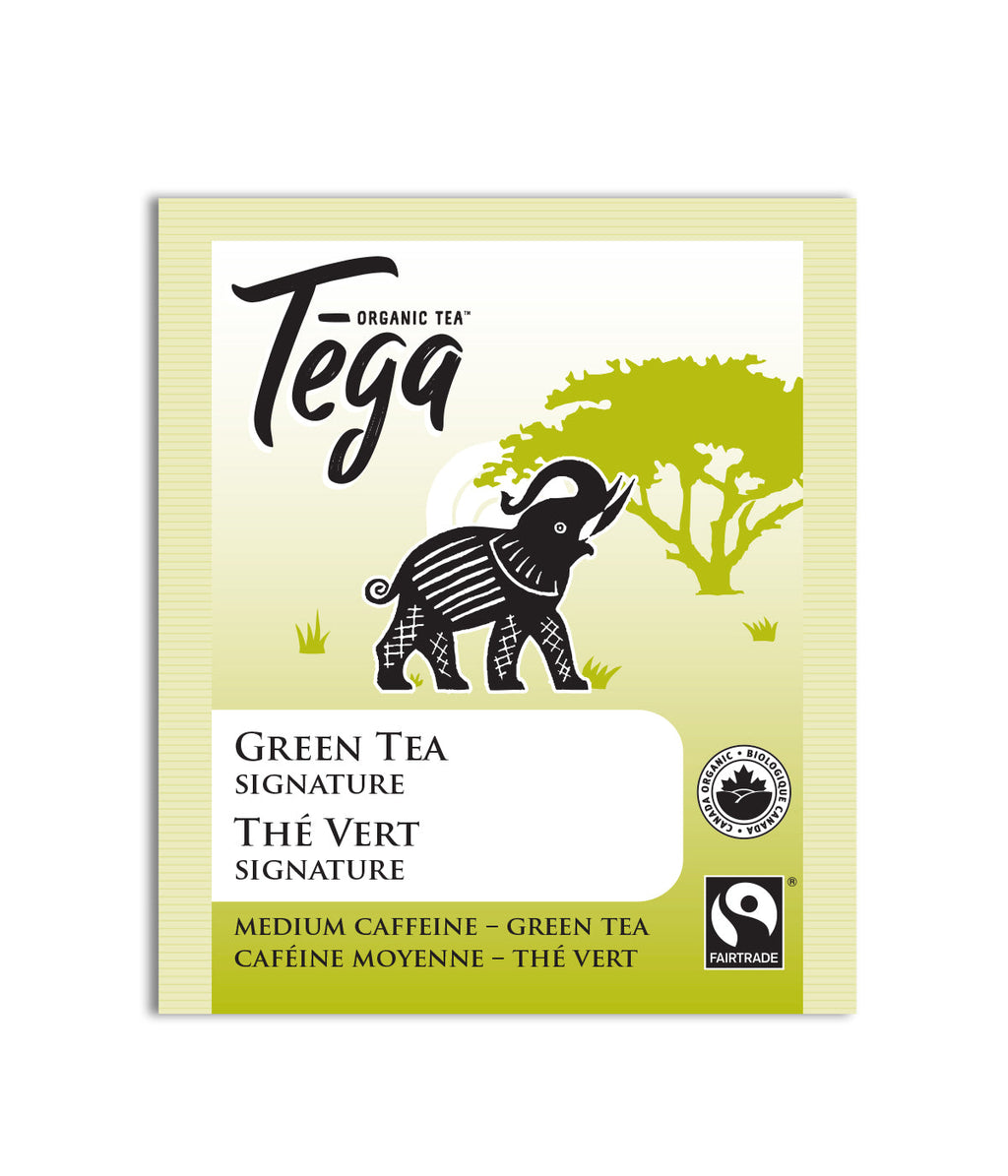 Tega Green Tea package with elephant and tree design on a white background