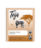 Tega Organic Tea Masala Chai Rooibos package with a tiger illustration on a beige background