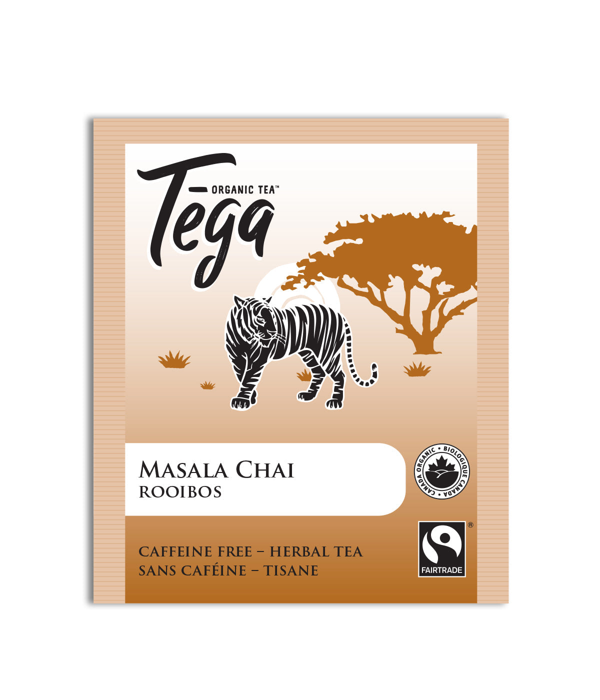 Tega Organic Tea Masala Chai Rooibos package with a tiger illustration on a beige background