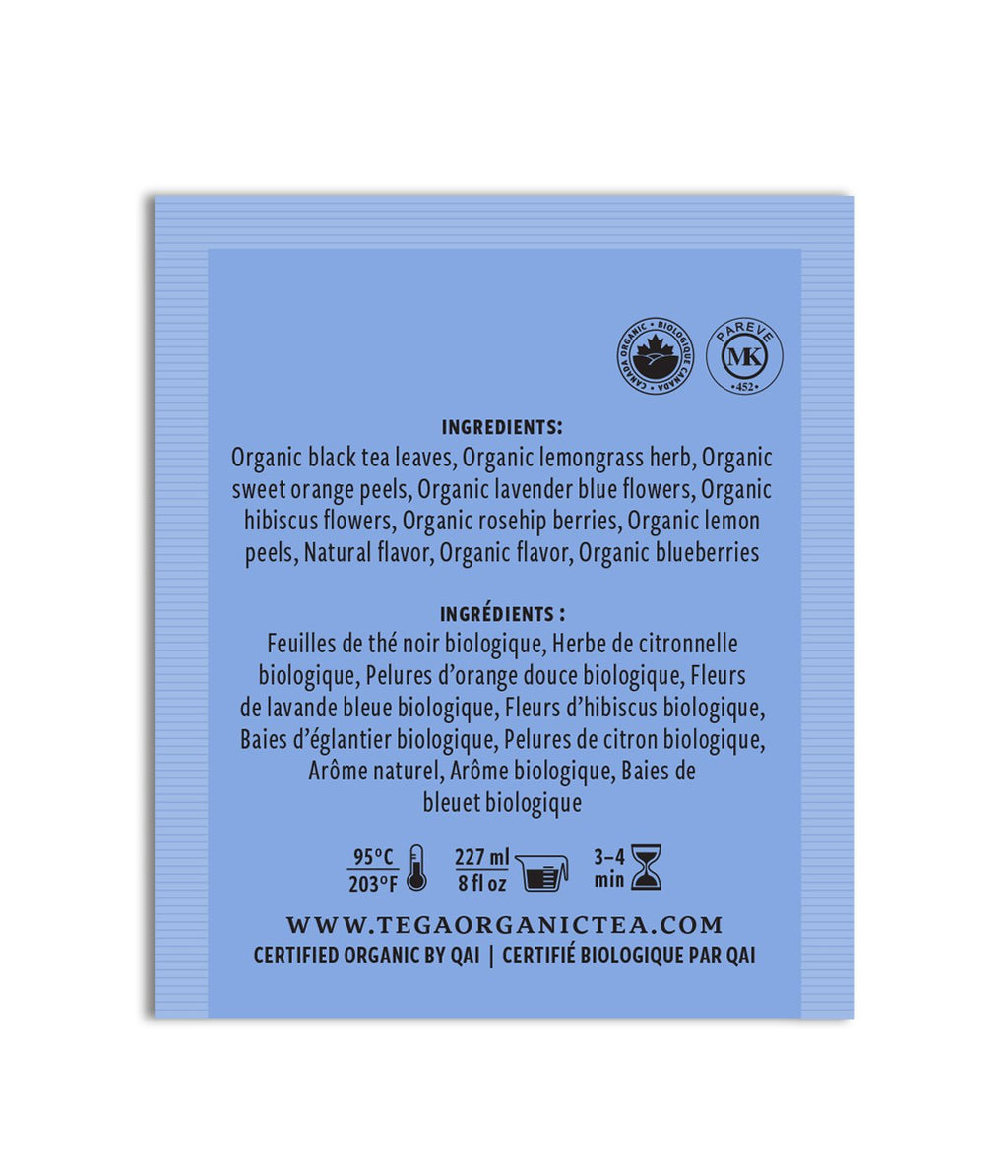 Back of a tea package with ingredient list and branding on a blue background
