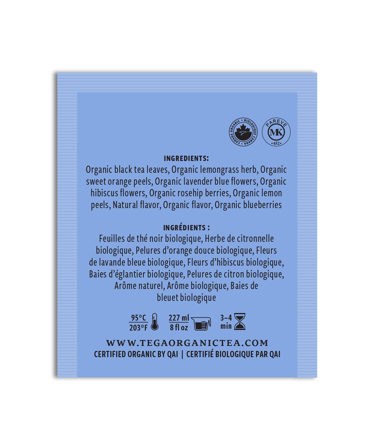 Back of a tea package with ingredient list and branding on a blue background