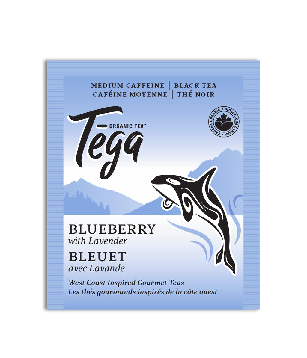 Tega Organic Tea package with blueberry and lavender flavor on a white background