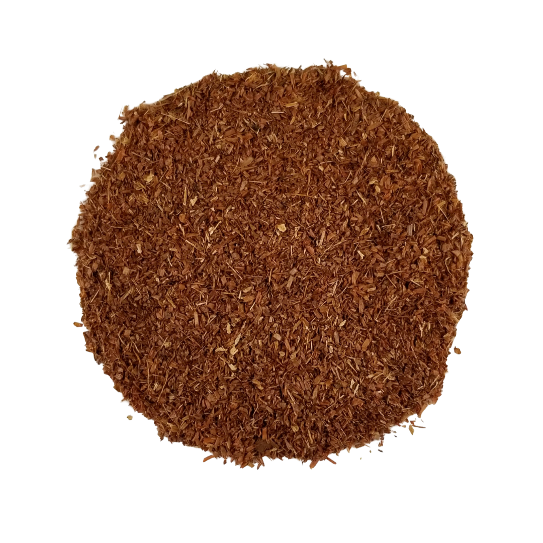 Round piece of brown material on a white background