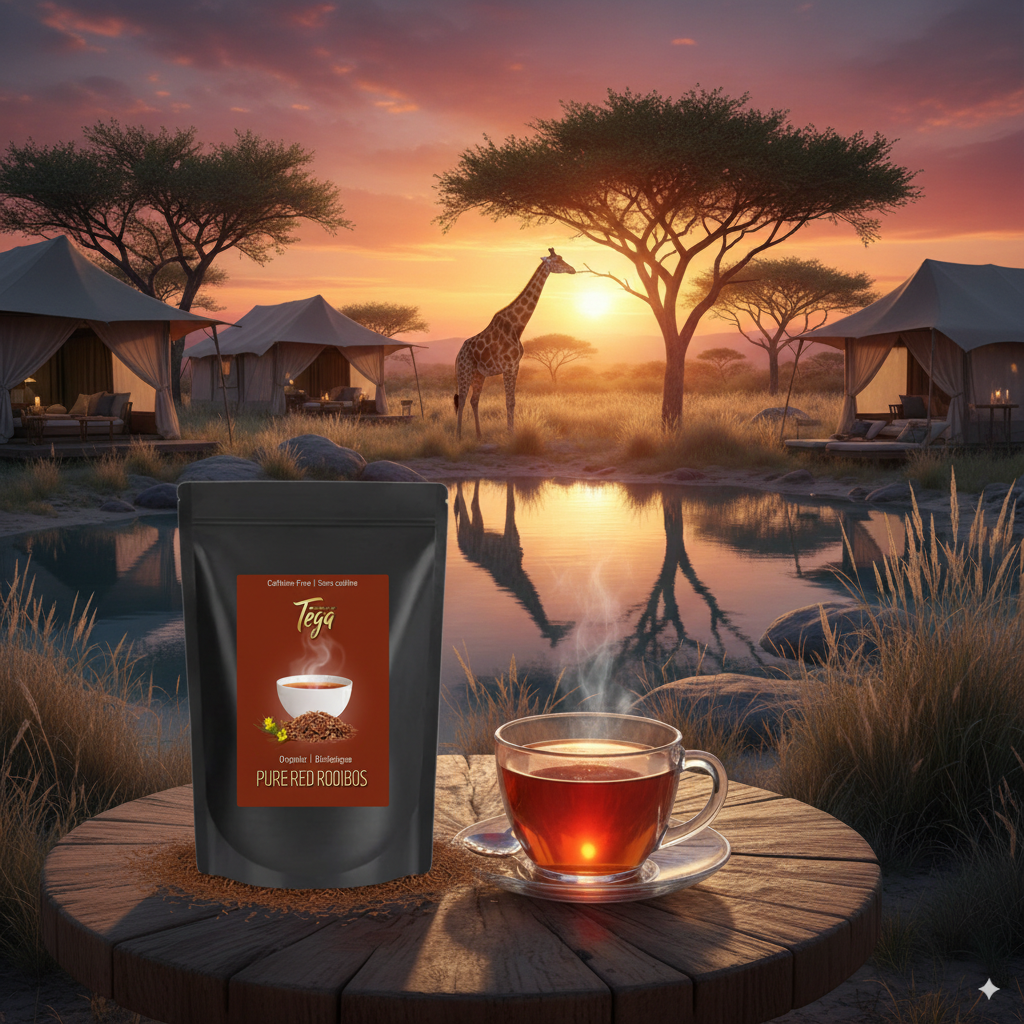 Tea package with a cup of tea in front of a scenic sunset with tents and a giraffe.