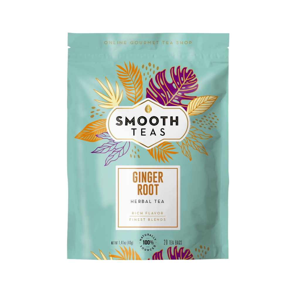 Tea package for 'Ginger Root' herbal tea by Smooth Teas with colorful leaf designs on a light blue background.