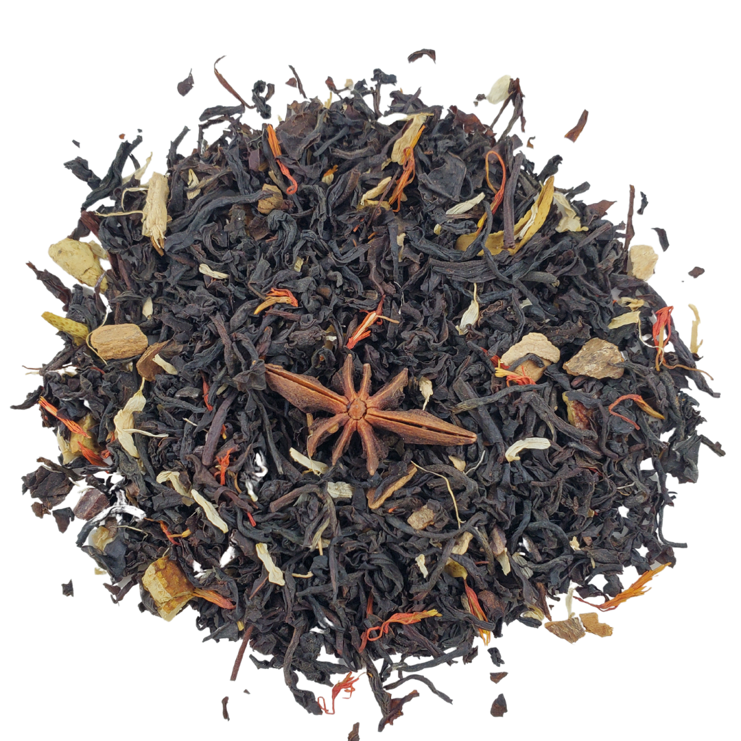 Tea leaves with visible spices on a white background