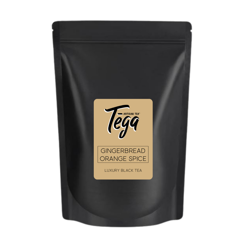 Black tea package with Tega label on a white background