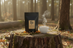 Black Tega tea bag on a wooden tray with a steaming cup of tea and a gingerbread house in a kitchen setting.