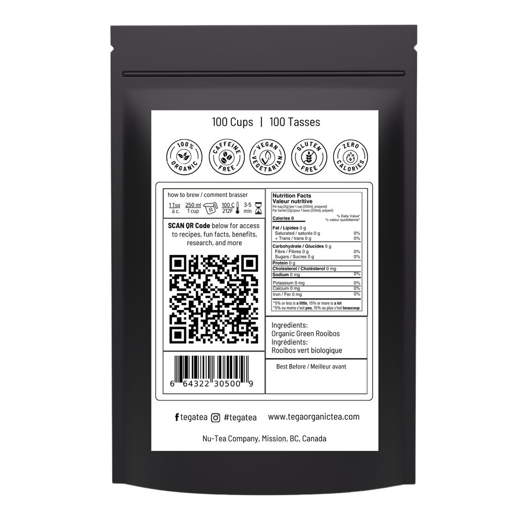 Black tea package with a white label featuring a QR code and text.
