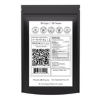 Black tea package with a white label featuring a QR code and text.