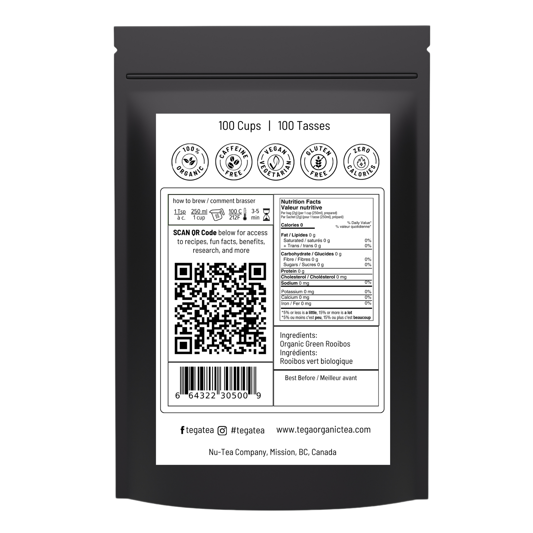 Black tea package with a white label featuring a QR code and text.