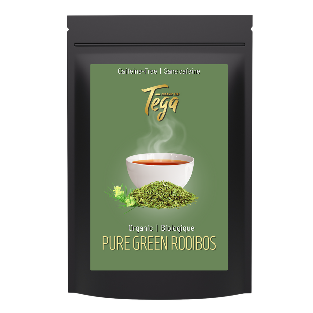Tea package with Tega branding and a cup of tea on a green background