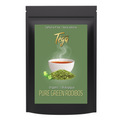Tea package with Tega branding and a cup of tea on a green background