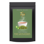 Tea package with Tega branding and a cup of tea on a green background