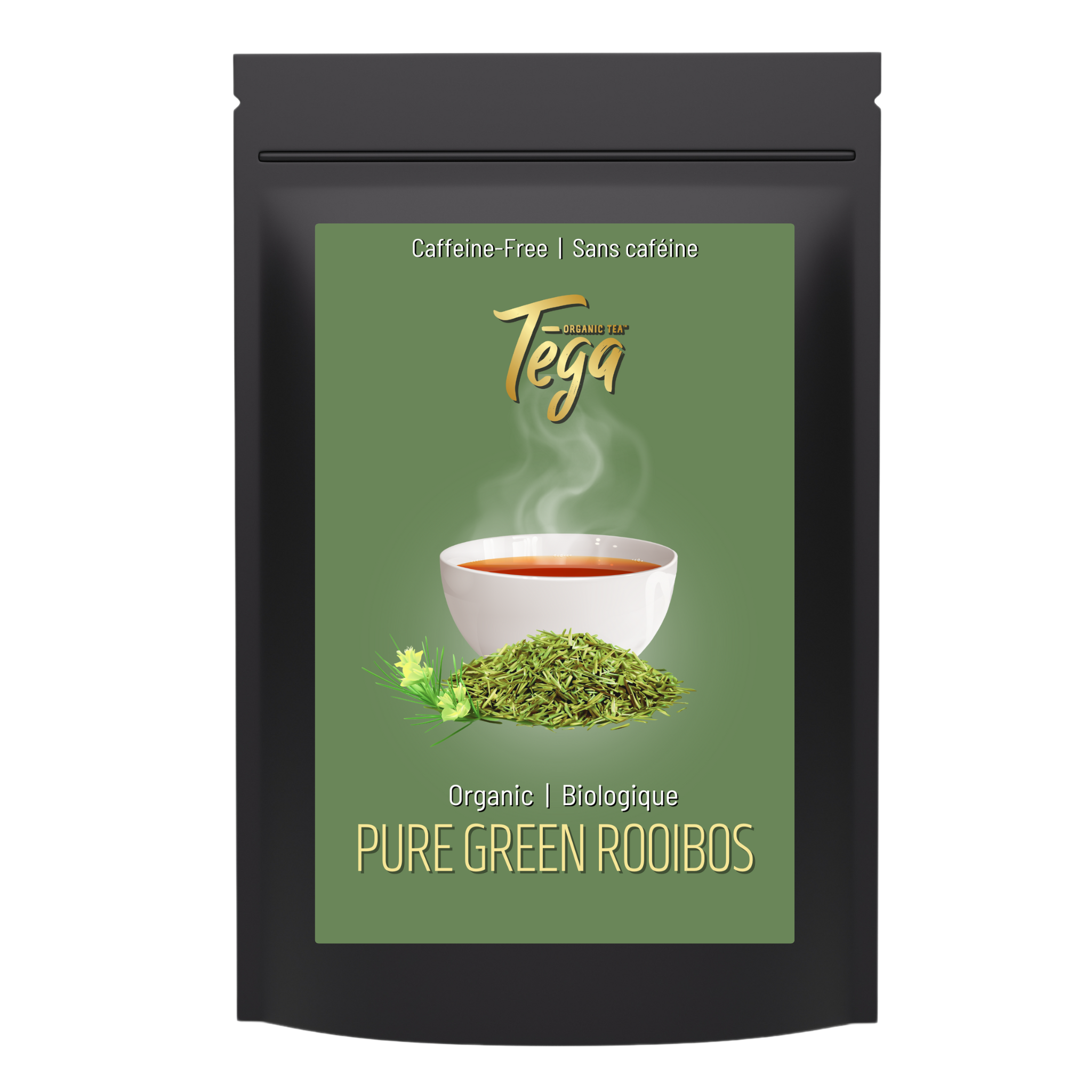 Tea package with Tega branding and a cup of tea on a green background