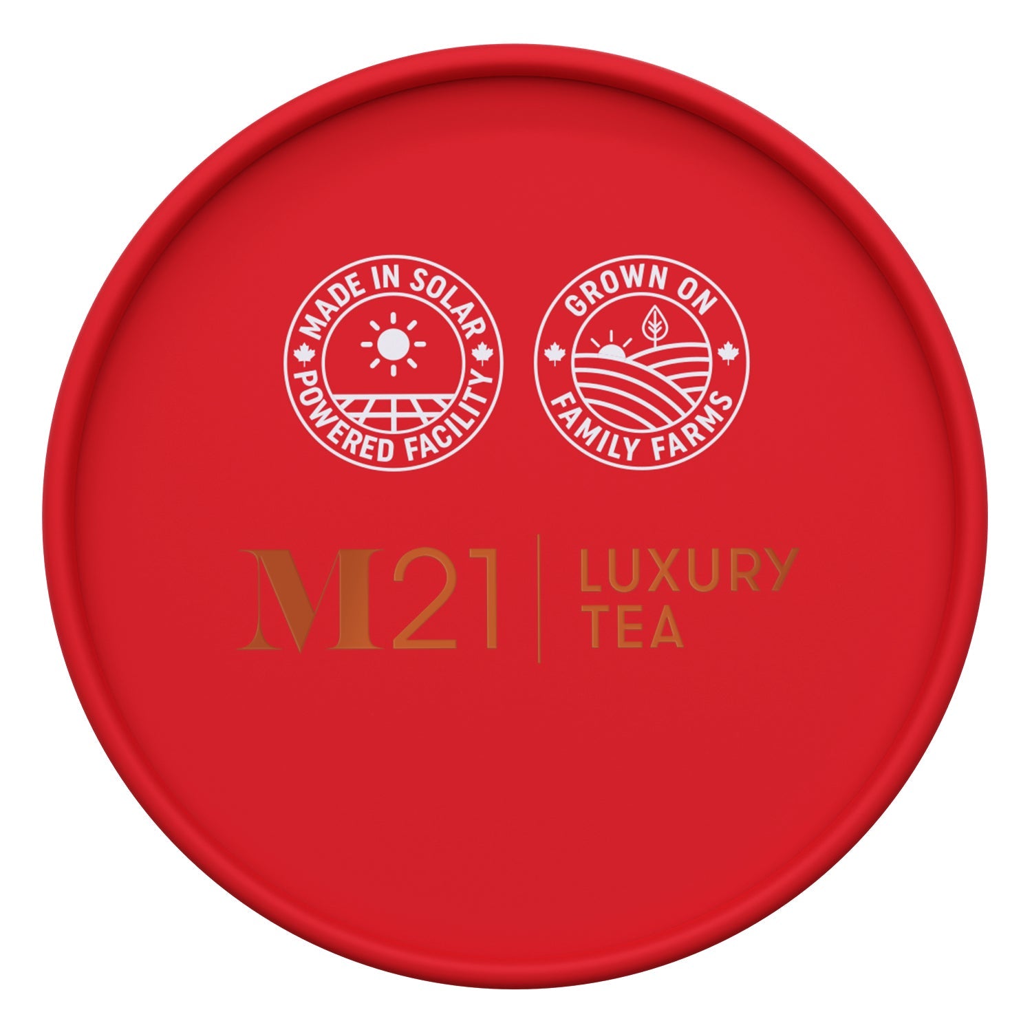 Red lid of M21 Luxury Tea packaging with sustainability logos on a white background