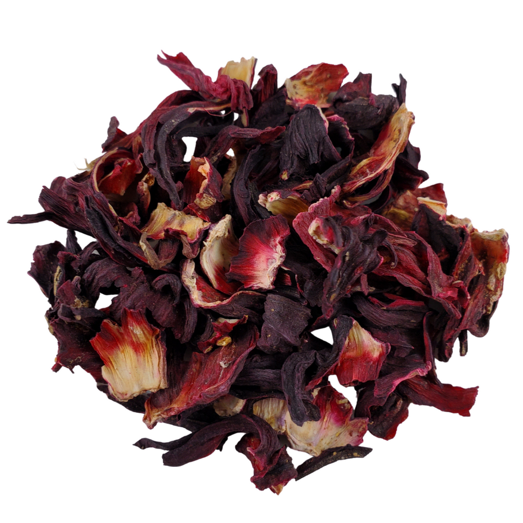 Dried hibiscus flowers on a white background