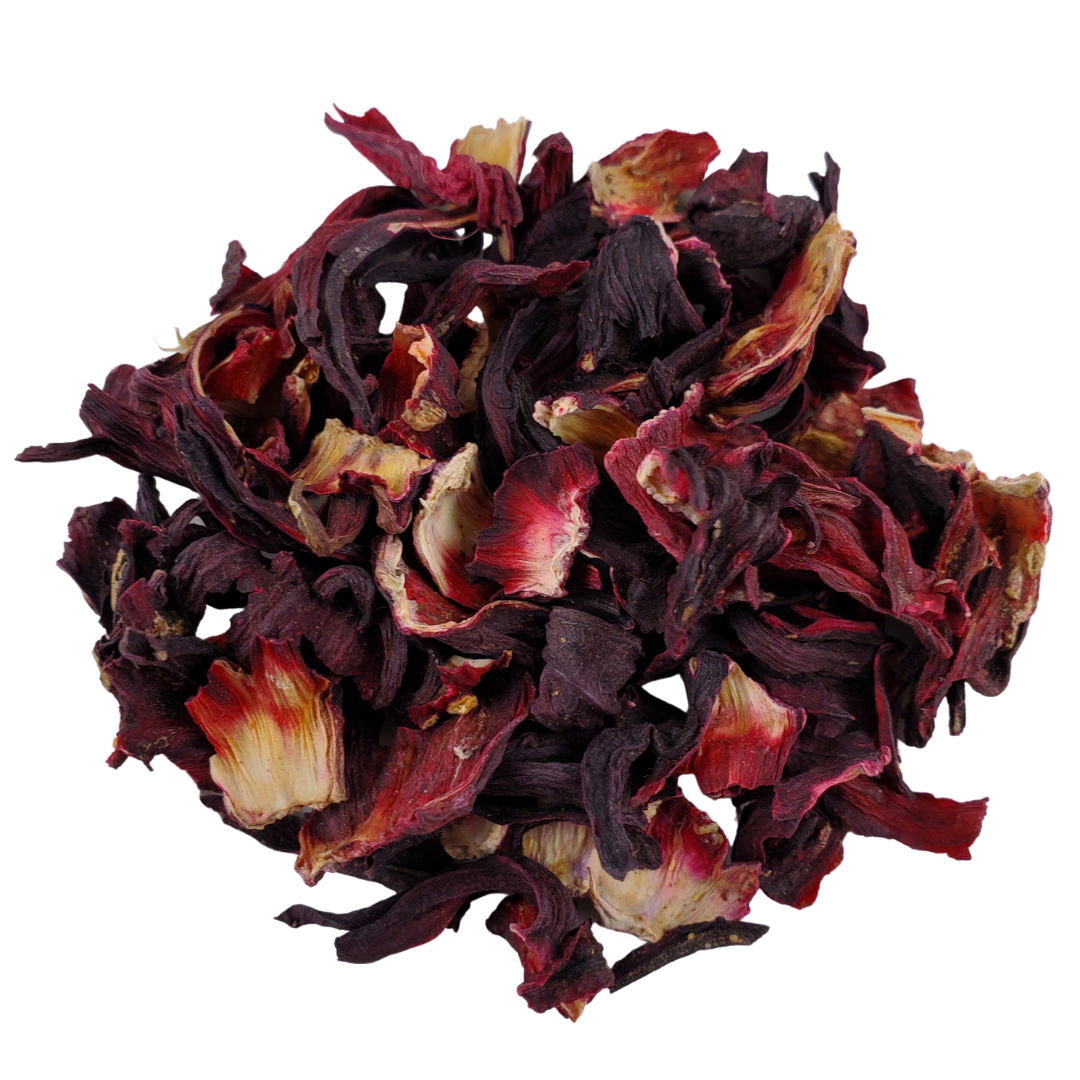 Dried hibiscus flowers on a white background