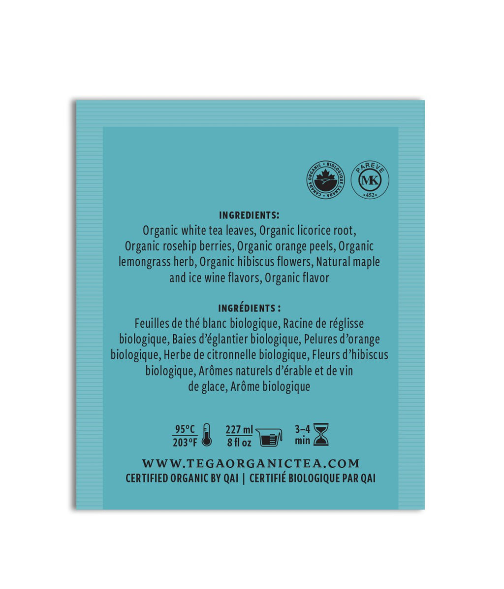 Tea package with ingredient list and branding on a light blue background
