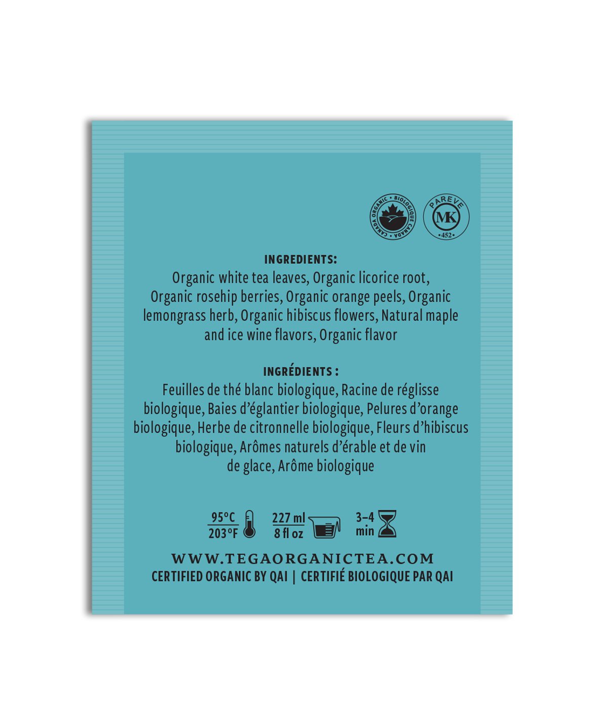 Tea package with ingredient list and branding on a light blue background